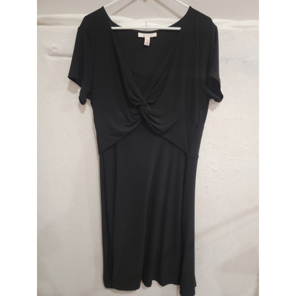 JM Collection Dress Large L Black Twist Front V-Neck Stretch Midi A-Line LBD